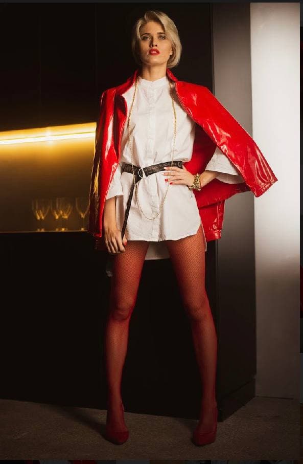 Bold outfit with a red jacket and white shirt dress styled during an online wardrobe review