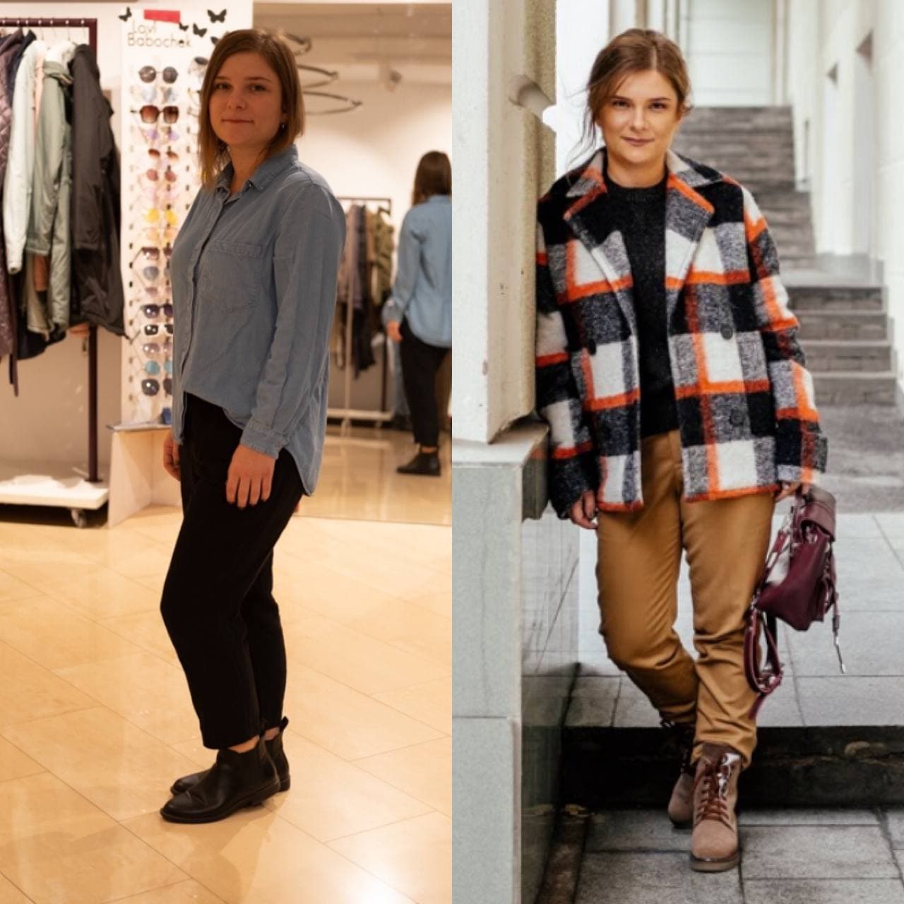 Before and after: the same client in casual basics, then in a checked coat with camel trousers after a shopping day